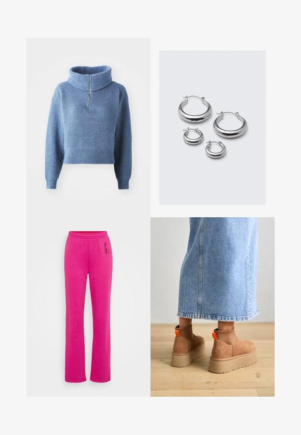 Maglione blu lavorato a maglia con colletto alto e mezza zip. Presenta una texture a coste, maniche lunghe e un design cropped.; Pantaloni sportivi rosa con vita elastica, taglio dritto e grande logo stampato "G" sulla coscia sinistra. Tessuto morbido in misto cotone.; Stivali platform in suede marrone con pannelli laterali elastici e linguette arancioni, abbinati a una gonna di jeans chiara, lunga fino al ginocchio, su un pavimento di legno.; Quattro paia di orecchini a cerchio in argento di diverse dimensioni: grandi cerchi lisci e stili più piccoli arrotondati con una finitura lucida e semplici ganci.