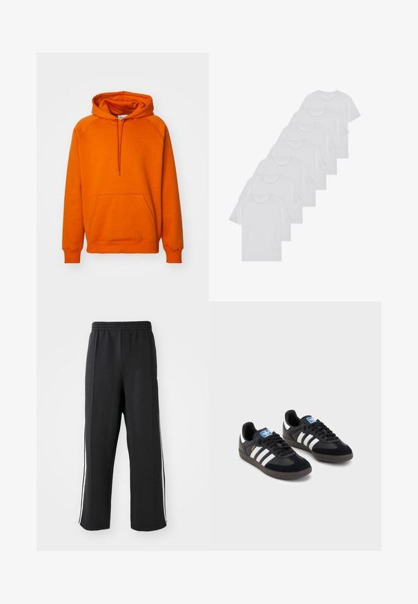 Oranža sporta jaka ar priekšējo kangaroo kabatu, ar auklu regulējamu kapuci un ribotu piedurknēm. Izgatavota no mīksta auduma ar gludu tekstūru.; Baltie kokvilnas T-krekli, īsas piedurknes, apaļas izgriezuma dizains, vienkārša tekstūra, sakrauti rindā, ar smalku zīmolu pie kakla izgriezuma.; Melni sporta bikses ar elastīgu jostu, kurām ir baltas sānu joslas un brīvs piegrieziens. Izgatavotas no mīksta, elastīga auduma.; Melnas sporta apavas ar zamšādas un sintētisku augšdaļu, ar trim baltām svītrām, teksturētu gumijas zoli un zilu logo birku uz mēles.
