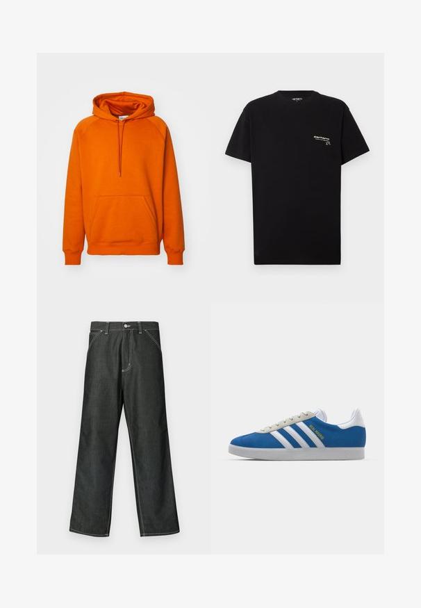 Narančasta dukserica s prednjim kengurudžepom, kapuljačom s ušicom i rebrastim manžetama. Napravljena od mekog materijala s glatkom teksturom.; Crna pamučna majica s kratkim rukavima, okruglim izrezom i malim bijelim logotipom otisnutim na lijevoj strani prsnog područja.; Tamne široke traperice s bijelim šavovima, standardnim dizajnom s pet džepova, metalnim gumbom za zatvaranje i ravnim rubovima.; adidas Originals ADIDAS GAZELLE SHOES - Dvoranske nogometne kopačke - real madrid/bluebird/footwear white/crew yellow