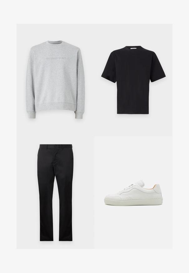 Szürke pulóver puha anyagból. Kerek nyakkal, hosszú ujjakkal és dombornyomott "MICHAEL KORS" logóval rendelkezik elöl. Egyszerű dizájn.; Fekete rövid ujjú póló, kerek nyakkal, sima pamut anyagból készült. Egyszerű dizájn, látható minták vagy díszítések nélkül.; Fekete pamut nadrág egyenes láb kialakítással, elülső gombos zárással és oldalsó zsebekkel, sima textúrával, látható minták nélkül.; Fehér bőr tornacipő, kerek orral, lapos fűzőkkel, párnázott nyelvvel és texturált talppal. Simaság jellemzi, minimalista dizájnnal.
