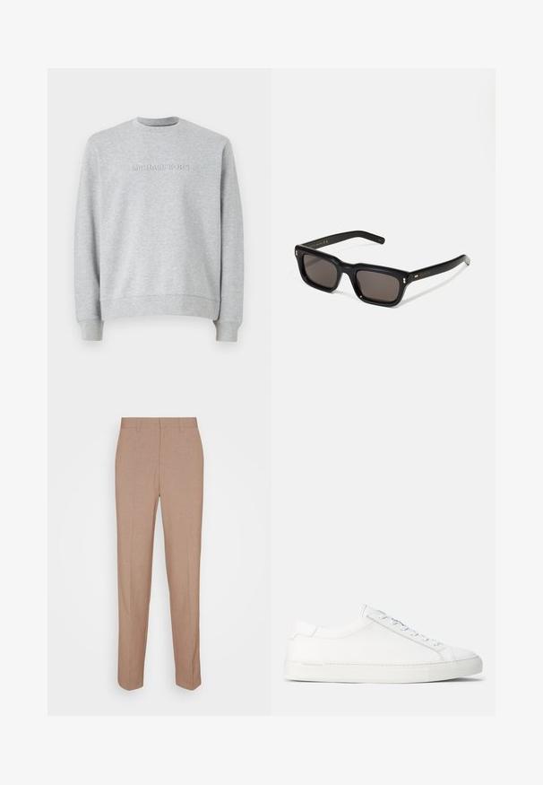 Grå hettegenser laget av mykt stoff. Har rund hals, lange ermer, og preget "MICHAEL KORS"-logo på fronten. Enkel design.; Beige skreddersydde bukser i et glatt, teksturert stoff. Rett passform med linning uten synlige pyntedetaljer eller lommer.; Hvite lær sneakers med en jevn tekstur, rund form, flat gummisåle og hvite snører. Har et minimalistisk design og subtil merking.; Sorte rektangulære solbriller med mørke linser, tykk plastikkramme, gullaccenter på skulderpartiet og merkevarelogo gravert på armen.