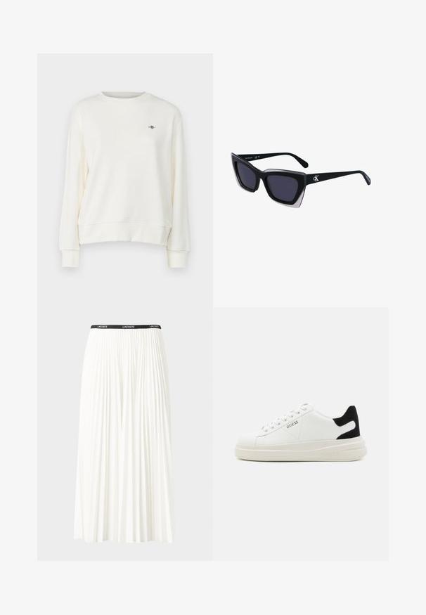 Pullover-Sweatshirt in Creme mit Rundhalsausschnitt, langenÄrmeln und einem dezenten Logo-Detail auf der Brust. Weiche, glatte Stofftextur.; Faltenrock aus Weiß mit einem schwarzen elastischen Bund, der das "LACOSTE"-Logo trägt. Mittellanges Design mit weicher Textur.; Weiße Leder-Sneaker mit einer dicken weißen Sohle, schwarzem Wildlederakzent an der Ferse und geprägtem Logo an der Seite. Schnürdesign mit sechs Ösen.; Schwarze übergroße Sonnenbrille mit geometrischer Form, ausgestattet mit dunklen Gläsern und einem kontrastierenden grauen Detail im Rahmen. Logo am Bügel.