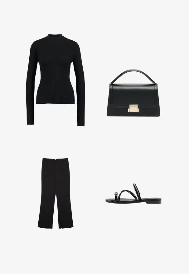 Czarny sweter z wysokim kołnierzem, prążkowany, z długimi rękawami i dopasowanym fasonem, charakteryzujący się gładką teksturą i wyraźnie zarysowaną sylwetką.; Czarne spodnie o prostym kroju, z przednimi kieszeniami i bocznymi rozcięciami na dole. Wykonane z miękkiego, gładkiego materiału. Odpowiednie na różne okazje.; Czarne płaskie sandały o błyszczącym wykończeniu, z trzema cienkimi paskami i okrąłym detalem metalowym na palcach. Smukły design z minimalnym obcasem.; Czarna skórzana torebka o zorganizowanej konstrukcji, z górną rączką i złotym metalowym zapięciem z przodu. Gładka faktura, minimalne przeszycia.