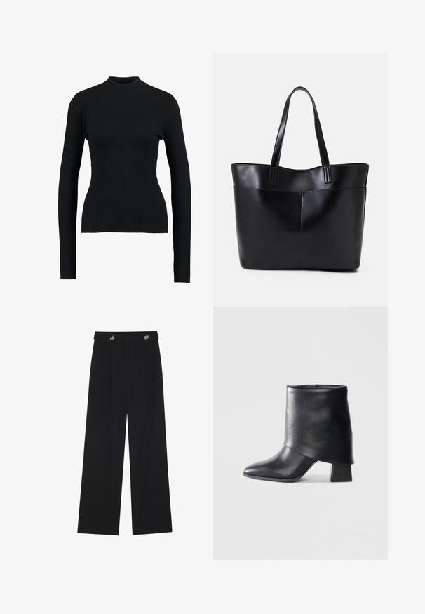 Crna rebrasta turtleneck džemper s dugim rukavima i uskim dizajnom, s glatkom teksturom i strukturiranim siluetom.; Crne hlače širokih nogavica s visokim strukom, s dugmadi na pojasu i prednjim nabora.; Crna kožna čizme do gležnja sa šiljastim prstom, glatke teksture i strukturiranim blok petom. Ima visoki, preklopljeni dizajn manžetne.; Crna kožna torba s dugim ručkama, glatkom teksturom i strukturiranim oblikom. Ima prednju džep za dodatno pohranu.
