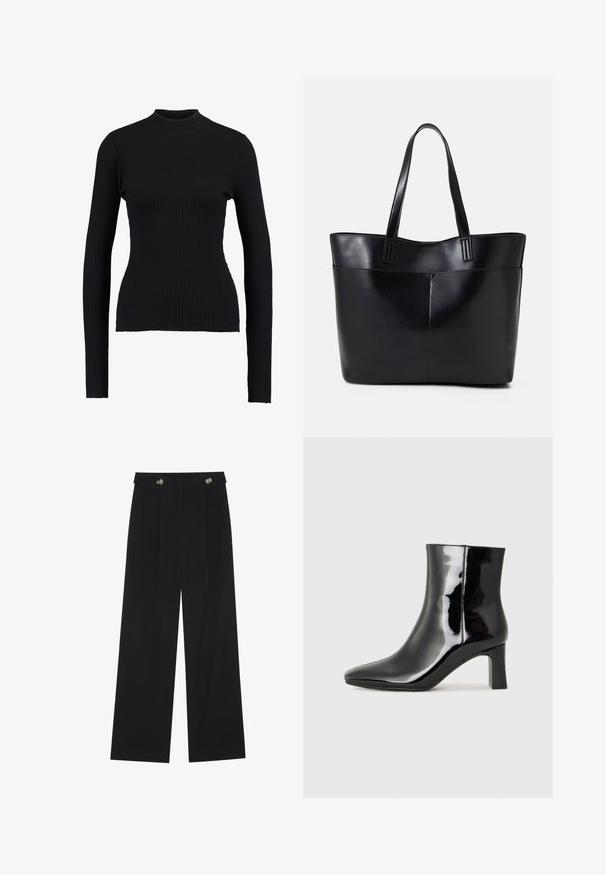 Svart ribbstrikket turtleneck-genser med lange ermer og tettsittende design, med en glatt tekstur og strukturert silhuett.; Svart vide bukser med høy midje, knappdetaljer på midjebåndet og frontplisser.; Sorte patentlær ankle boot med spiss tå og en mellomhøy blokkhelt. Glatt tekstur og minimalistisk design.; Svart lær toteveske med to lange håndtak, en glatt tekstur og en strukturert form. Har en frontlomme for ekstra oppbevaring.