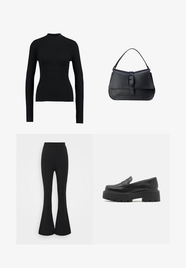 Schwarzer gerippter Rollkragenpullover mit langen Ärmeln und enger Passform, der eine glatte Textur und eine strukturierte Silhouette aufweist.; Schwarze, ausgestellte Hosen aus einem elastischen Stoff. Das Design zeichnet sich durch einen hohen Bund und einen ausladenden Saum aus, der unterhalb des Knies beginnt.; Schwarze Lederloafers mit einer niedrigen, dicke Gummisohle, gesteppten Details im Obermaterial und einer glatten Textur.; Schwarze Lederhandtasche mit strukturiertem Design, glatter Textur, verstellbarem Schultergurt und einem frontalen Klappenverschluss mit einer Schnallendetail.