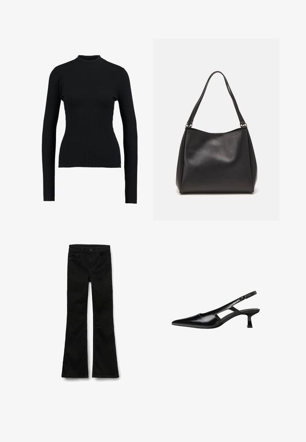 Sort ribbet turtleneck sweatertype med lange ærmer og en tætsiddende pasform, der har en glat tekstur og en struktureret silhuet.; Sorte flared jeans lavet af denim med en glat tekstur, med en talje med knaplukning og almindelige lommer.; Sorte patentlæder slingback hæle med spids tå, udskåret sideskærm og en lille firkantet hæl. Glat tekstur med minimale detaljer.; Sort syntetisk lædertaske med blød tekstur, hobo-form og dobbelte skulderremme; har en blank overflade og minimalistisk design.
