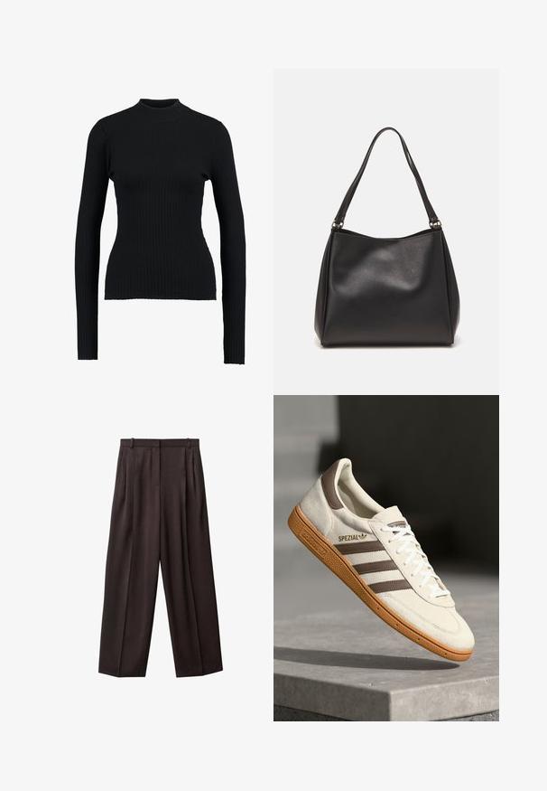 Črn rebrast pulover z visokim ovratnikom in dolgimi rokavi, ki se prilega telesu, z gladko teksturo in strukturirano silhueto.; Hlače s širokimi hlačnicami iz temno rjave tkanine. Značilnosti vključujejo nabore spredaj, pas z zankami za pas in stranske žepe. Gladka tekstura.; Beli semišni športni čevelj z rjavimi usnjenimi detajli, tremi rjavimi črtami in belimi vezalkami. Ima teksturiran gumijast podplat in zlato oznako "SPEZIAL".; Črna sintetična usnjena torbica z mehko teksturo, hobo oblika in dvojni naramnici; ima sijajni zaključek in minimalističen dizajn.