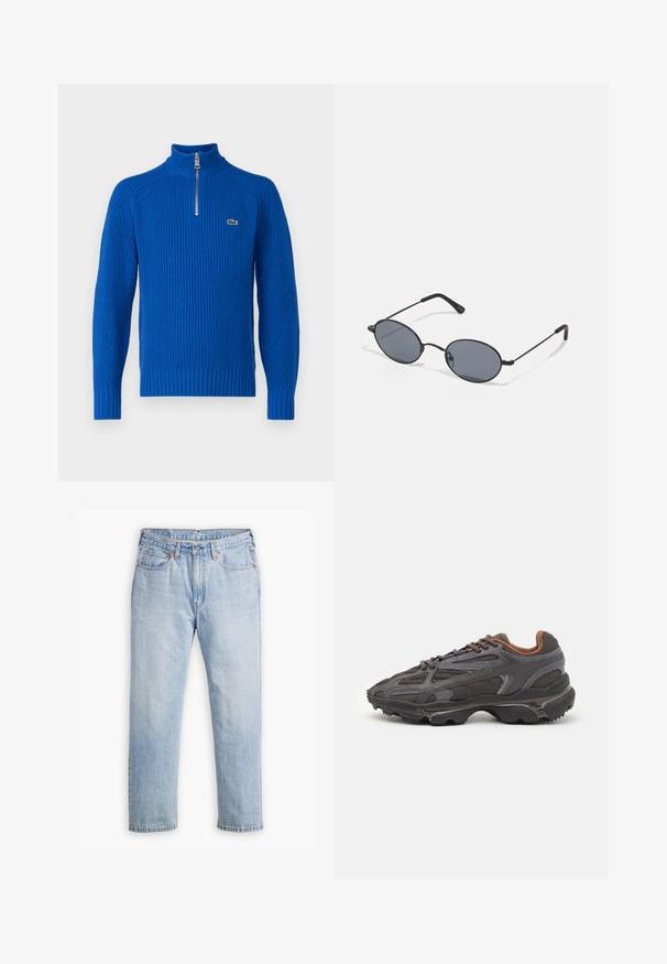 Lacoste Stickad tröja - lazuli; Ljusblå denimjeans med rak ben-design, femfickorsstil och kontrasterande sömmar. Knapp- och dragkedjestängning vid midjan.; Lacoste-sneakers i mörkgrått med nät och syntetmaterial, med en strukturerad sula och bruna detaljer på kragen och varumärket.; Svarta ovala solglasögon med mörka linser och tunna metallbågar. Har smala armar med en subtil kurva i ändarna.