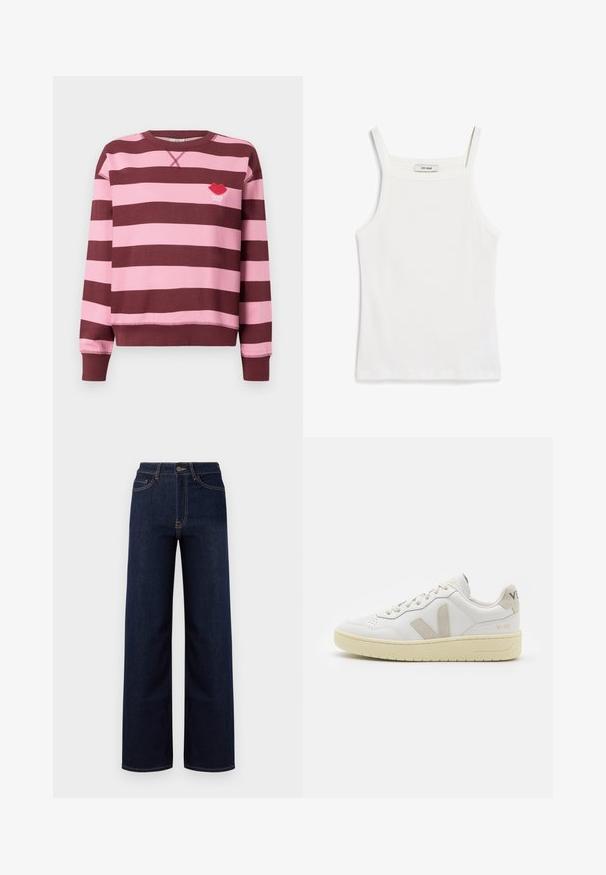 Svetr pruhovaný v barevných odstínech bordó a růžové s kulatým výstřihem a žebrovanými manžetami. Obsahuje vyšívané logo červených rtů s textem "PARIS STUDIO".; Bílý tílko s tenkými ramínky, vyrobené z jemné bavlněné tkaniny, s rovnou výstřihem a čistým zakončením na lemu.; Tmavě modré široké džínové kalhoty s vysokým pasem, čtyřmi kapsami a kontrastním prošitím podél švů.; Bílé kožené tenisky s béžovými semišovými akcenty, perforovanou špičkou, plochými tkaničkami a strukturovanou krémovou podešví. Obsahují jemné logo na patě.