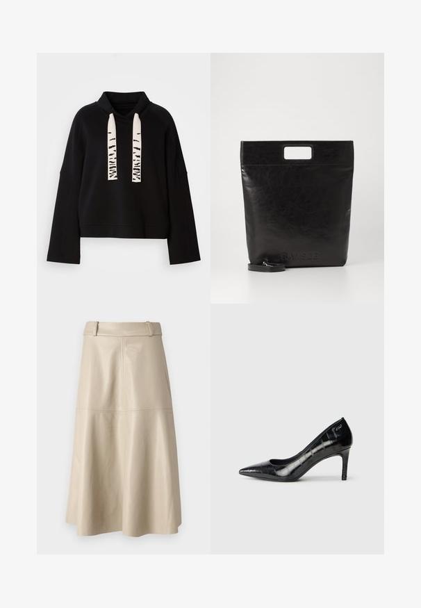 Black long-sleeve hoodie with a high collar and wide white drawstrings featuring black abstract patterns.; Beige leather midi skirt with a smooth texture, wide waistband, and flared hem; features stitched seams for added detail.; Black pointed-toe high heels with a glossy finish and subtle textured pattern. Features a moderate heel and open throat design.; Black leather tote bag with a square handle, featuring a textured finish and embossed logo. Includes a detachable strap.