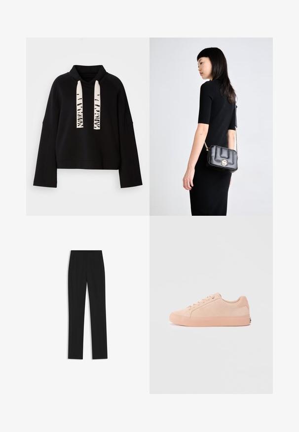 Sweat à capuche noir à manches longues avec un col montant et de larges cordons blancs ornés de motifs abstraits noirs.; Pantalon noir ajusté avec une coupe droite, doté de poches avant et d'un tissu lisse et texturé. Détails soignés et minimalistes.; Baskets en daim pêche avec un bout rond, semelle en caoutchouc rose plate et un design minimaliste. Équipées d'accents cousus et d'un détail de logo subtil.; Sac en cuir noir à bandoulière avec fermoir en or, design matelassé et chaîne en sangle. Forme rectangulaire compacte, accents matériels minimalistes.