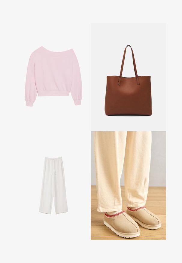 Ružový sveter s odhalenými ramenami, ktorý má dlhé balónové rukávy a priliehavý pás. Hladká textúra s rebrovanými manžetami. Žiadne vzory ani kovové prvky.; Biele široké nohavice vyrobené z ľahkej tkaniny. Obsahujú elastický pás so sťahovacou šnúrkou a bočné vrecká. Hladká textúra.; Hnedé semišové klompy s červeným dekoratívnym lemom a bielou gumovou podrážkou, skombinované s svetlobéžovými nohavicami, umiestnené na drevenej podlahe.; Hnedá kožená taška na rameno s hladkou textúrou, otvoreným vrchom a dvoma ramenými popruhmi. Má minimálne šitia a žiadne viditeľné kovania.