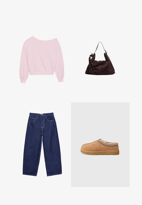 Růžový svetr s odhalenými rameny, dlouhými balónovými rukávy a přiléhavým pasem. Hladký povrch s žebrovanými manžetami. Bez vzorů nebo kování.; Tmavě modré džínové kalhoty širokého střihu s vysokým pasem, pěti kapsami a kontrastním bílým šitím. Hladký povrch, klasický design.; Béžová semišová nazouvací bota s texturovanou vlněnou podšívkou a dekorativním etnickým prošíváním kolem kotníku. Má gumovou podrážku.; Tyrkysová hobo taška z tmavě hnědého nubuku se širokým nastavitelným koženým popruhem a měkkým, uvolněným tělem na bílém pozadí.