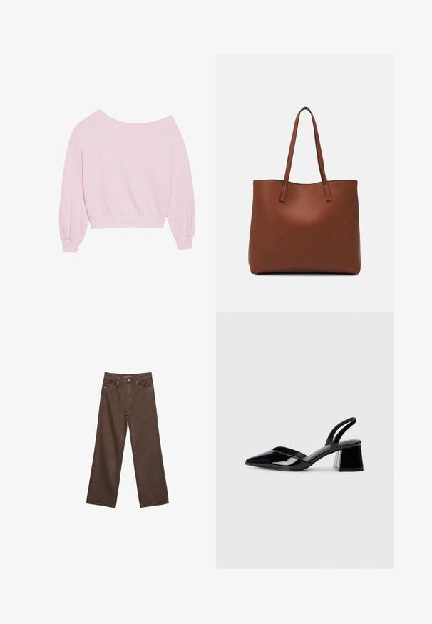 Felpa rosa con scollo a barca, caratterizzata da lunghe maniche a palloncino e vita aderente. Tessuto morbido con polsini a coste. Senza stampe o accessori.; Jeans a gamba larga marroni in denim, con vita alta, tasche anteriori e chiusura a bottone classica. Tessuto liscio con cuciture sottili.; Décolleté in vernice nera con punta affusolata e tacco in geometria cubica. Presentano un design elegante e minimalista, con una texture liscia.; Borsa tote in pelle marrone con texture liscia, design con apertura superiore e due spallacci. Presenta cuciture minime e nessun hardware visibile.