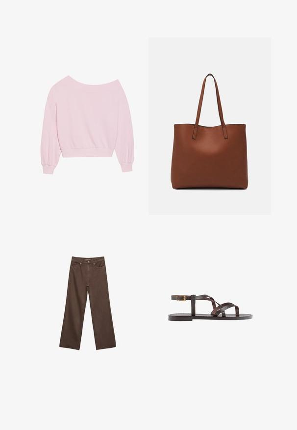 Ružový sveter s odhalenými ramenami, ktorý má dlhé balónové rukávy a priliehavý pás. Hladká textúra s rebrovanými manžetami. Žiadne vzory ani kovové prvky.; Džínsy s širokými nohavicami v hnedej farbe, vyrobené z denimu, so zvýšeným pásom, prednými vreckami a klasickým zapínaním na gombík. Hladká textúra s jemným prešívaním.; Hnedé kožené sandály s krížovými popruhmi, uzatváraním na pracku okolo členku a plochou podrážkou s minimálnymi ševmi.; Hnedá kožená taška na rameno s hladkou textúrou, otvoreným vrchom a dvoma ramenými popruhmi. Má minimálne šitia a žiadne viditeľné kovania.
