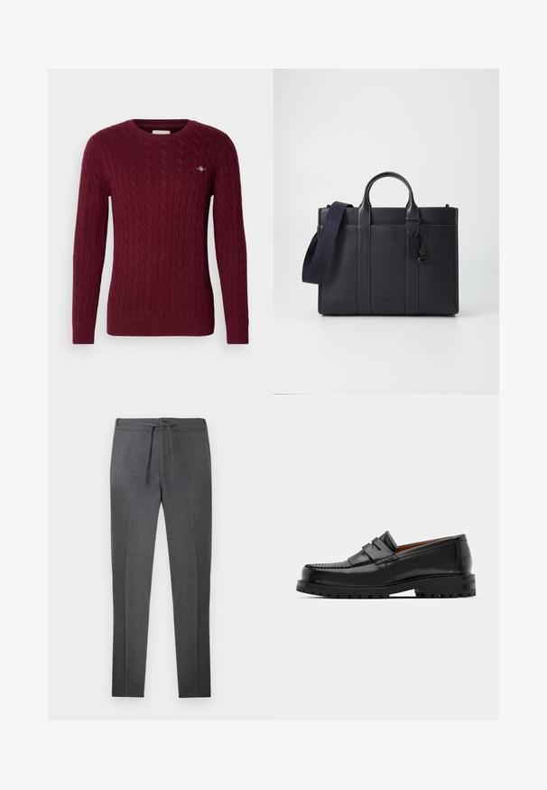 Burgundy cable-knit crewneck sweater with long sleeves and small embroidered logo on the left chest.; Dark gray tapered pants with an elastic waistband and drawstring, featuring subtle creases along the front.; Black leather loafers feature a raised seam, two decorative straps on the upper, and a thick textured sole for added grip.; Dark navy leather briefcase with dual top handles and a detachable strap. Features textured finish, vertical stitching, and logo detail.