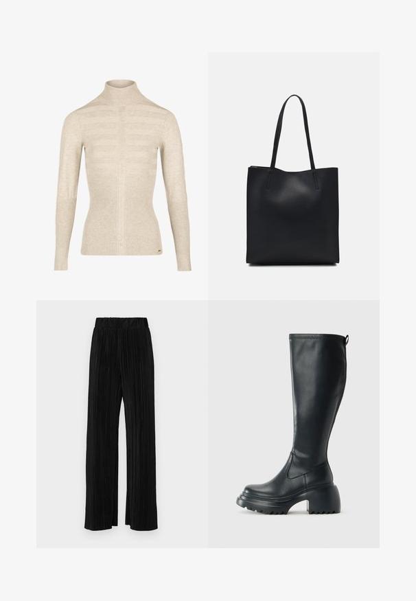 Morgan MENTOS - Strickpullover - beige; Schwarze plissierte Hose mit elastischem Bund. Verfügt über weite Hosenbeine und einen glatten, strukturierten Stoff mit vertikalen Streifen.; Hoher schwarzer Lederstiefel mit einer robusten Plateausohle und Blockabsatz, der über eine Zuglasche und ein strukturiertes Profil an der Außensohle verfügt.; Schwarze Laptoptasche aus Leder mit glatter Textur, rechteckiger Form und zwei langen Griffen. Keine sichtbaren Beschläge oder Verzierungen.