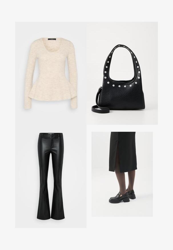 Långärmad krämfärgad topp med rundad halsringning, texturerat tyg och peplumkjol, med ett subtilt prickigt mönster.; Svarta fuskläder flared byxor med en mjuk textur, midjehöjd, och strukturerade sömmar, med dragkedja och bältesöglor.; Svarta läderskor med rund tå, tjock klack utan häl och elastiska sidodetaljer, kombinerat med mörka strumpbyxor och en svart kjol med slits.; Svart strukturerad läderväska med silverfärgade nitar längs den övre kanten och handtagen, med ett kort handtag och ett avtagbart band.