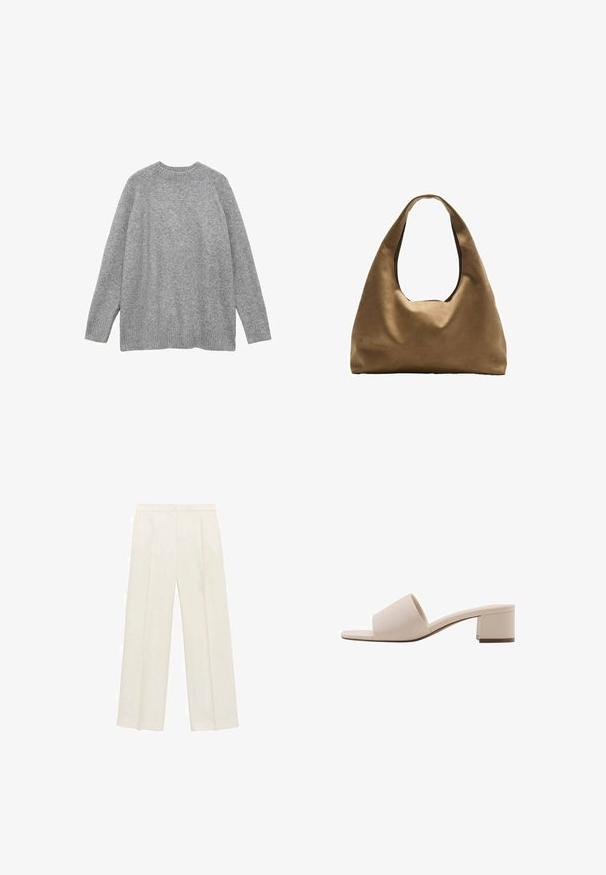 Grijze gebreide trui van zacht materiaal, met een klassieke ronde halslijn, lange mouwen en geribde manchetten en zoom.; Wijdgevallen broeken in een lichtcrème kleur. Gemaakt van een zachte stof met plooien aan de voorkant en zijzakken.; Beige blockhaksandal met een brede band en open teen. Gladde stof en strakke uitstraling. Korte, stevige hak voor stabiliteit.; Bruine stoffen schoudertas met een brede, ronde vorm en een grote uitsnede handvat. Zachte textuur, minimalistisch ontwerp en geen zichtbare hardware.