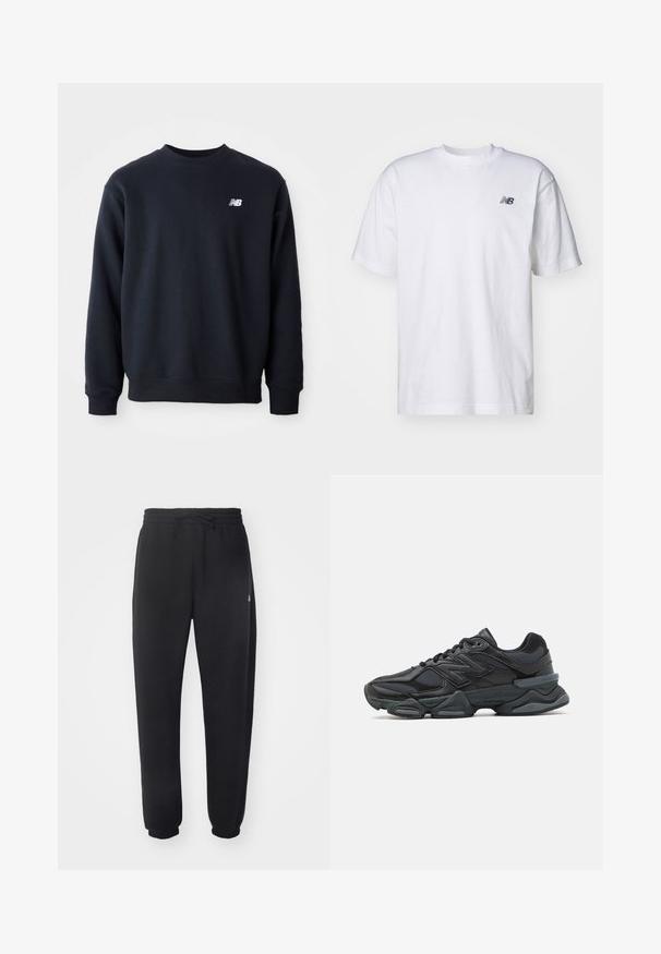 Granatowa bluza wykonana z mieszanki bawełny, z okrągłym dekoltem, długimi rękawami oraz małym, białym logo New Balance na piersi.; Biała, krótka koszulka z okrągłym dekoltem z krótkim rękawem z małym czarnym logo New Balance na lewej piersi na jednolitym tle.; Czarne dresy wykonane z miękkiego materiału, z elastycznym pasem, sznurkiem i zwężanymi mankietami, z subtelnym logo po boku.; Czarne buty biegowe z mieszanką siateczki i materiałów syntetycznych, masywną podeszwą, opływowym kształtem oraz wyraźnym brandingiem z boku.