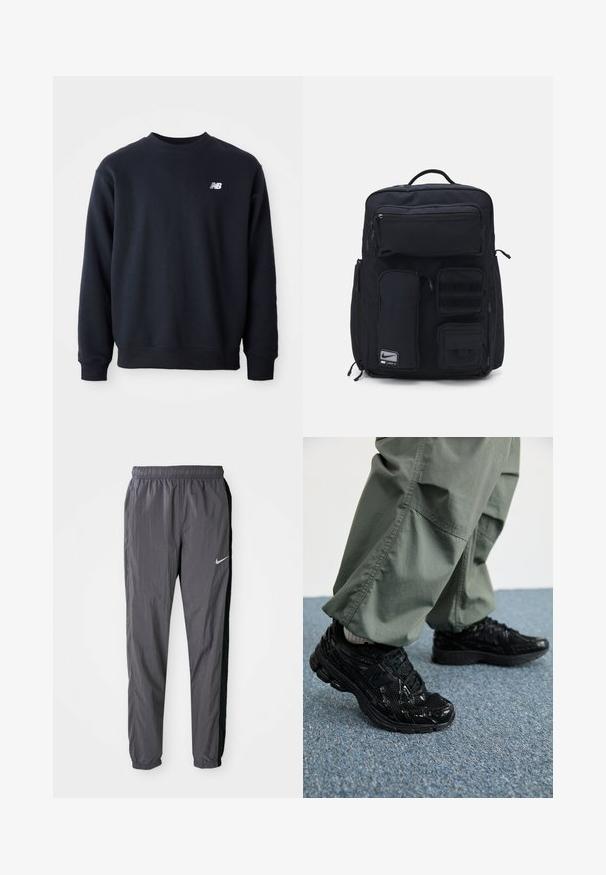 Sweatshirt bleumarin dintr-un amestec de bumbac, cu guler rotund, mâneci lungi și un mic logo alb New Balance pe piept.; Pantaloni de trening Nike, realizați dintr-un material ușor, de culoare gri închis, cu panouri laterale negre. Prezintă un elastic la talie și un logo reflectorizant.; Adidași negri sport cu texturi lucioase și din plasă, având o talpă groasă și șireturi, asortați cu pantaloni cargo largi de culoare verde măsliniu.; Rucsac negru realizat dintr-un material durabil. Dispune de mai multe buzunare cu fermoar, inclusiv un compartiment frontal, și zone cu velcro pentru atașamente.
