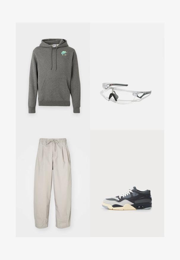 Tmavě šedá mikina Nike Air s přední kapsou a neonově modrým a žlutým logem na levé straně hrudi, vystavená na bílém pozadí.; Béžové, lehké kalhoty s elastickým pasem a šňůrkou na stažení. Mají sklady a volný střih, vyrobené z měkké, hladké látky.; Tenisky s vrchním dílem z různých materiálů v šedé a tmavě modré barvě, polstrovanou podešví, bílými tkaničkami a modrou akcentovou logem na patě.; Průhledné ochranné brýle s lehkým, transparentním rámem a šedými akcenty. Mají design přes hlavu a nastavitelný nosník.