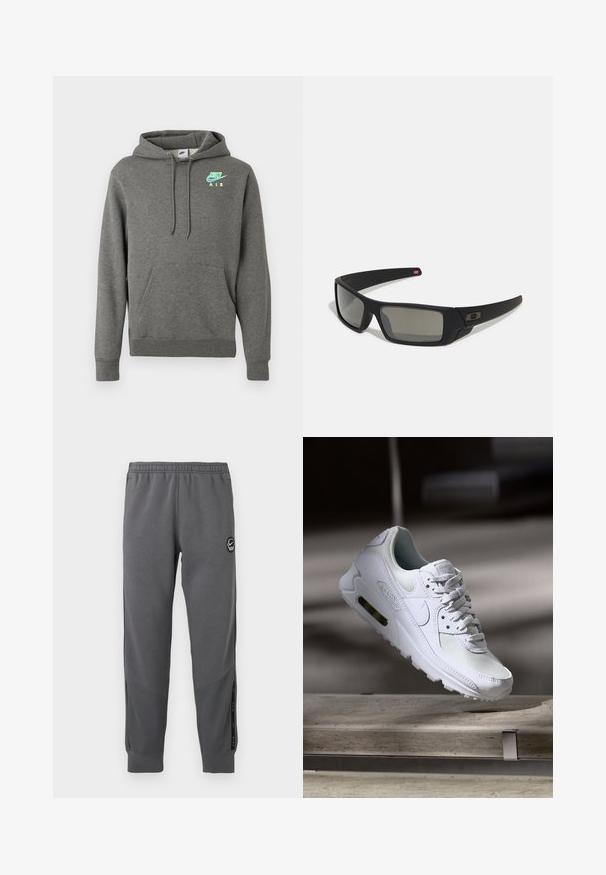 Sötétszürke Nike Air kapucnis pulóver elülső zsebből és neonkék, valamint sárga logóból, a bal mellrészen, fehér háttér előtt bemutatva.; Szürke melegítők puha anyagból, rugalmas derékrésszel, szűkített lábakkal, oldalsó panelek és egy kör alakú logóval.; Fehér Nike Air Max 90 sneaker, amely hálós és bőr felsőrésszel, perforált orr-résszel és látható légpárnás egységgel rendelkezik a saroknál.; Fekete napszemüveg matt felülettel, téglalap alakú lencsékkel, enyhe ívvel a templomokon, diszkrét logó részlettel és füstszínű lencsékkel.