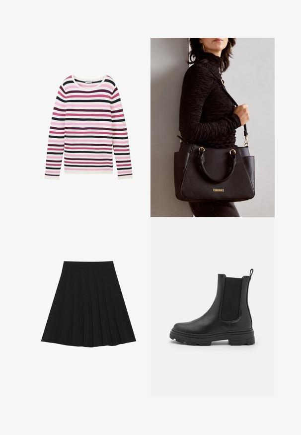 Dolgimi rokavi s črtastim vzorcem v roza, belem in temno vijoličnem odtenku. Ima rebrasto teksturo in širok, okrogla ovratnik.; Črna plisirana krila iz strukturiranega materiala s prilegajočim pasom. Segajo do kolen in ponujajo gladko, čisto silhueto.; Črne usnjene gležnjarje z elastiko na straneh, zaobljenim prstom in teksturiranim gumijastim podplatom. Imajo zanko na zadnji strani za enostavno obuvanje.; Črna torbica z teksturirano površino, z dvema zgornjima ročajema in nastavljivim ramenskim pasom. Ima zlatovrateče dodatke in stranske žepe.