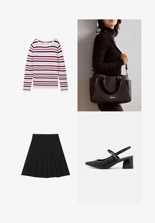 Maglietta a maniche lunghe a righe nei toni di rosa, bianco e viola scuro. Presenta una texture a costine e un ampio scollo rotondo.; Gonna nera plissettata realizzata in tessuto strutturato con una vita aderente. Cade all'altezza del ginocchio, presentando una silhouette liscia e pulita.; Décolleté in vernice nera con cinturino dietro, punta affusolata, design con ritagli arrotondati e tacco a blocco. Presenta un accento di fibbia tono oro.; Borsa nera con superficie texturizzata, manici superiori doppi e tracolla regolabile. Dotata di hardware color oro e tasche laterali.