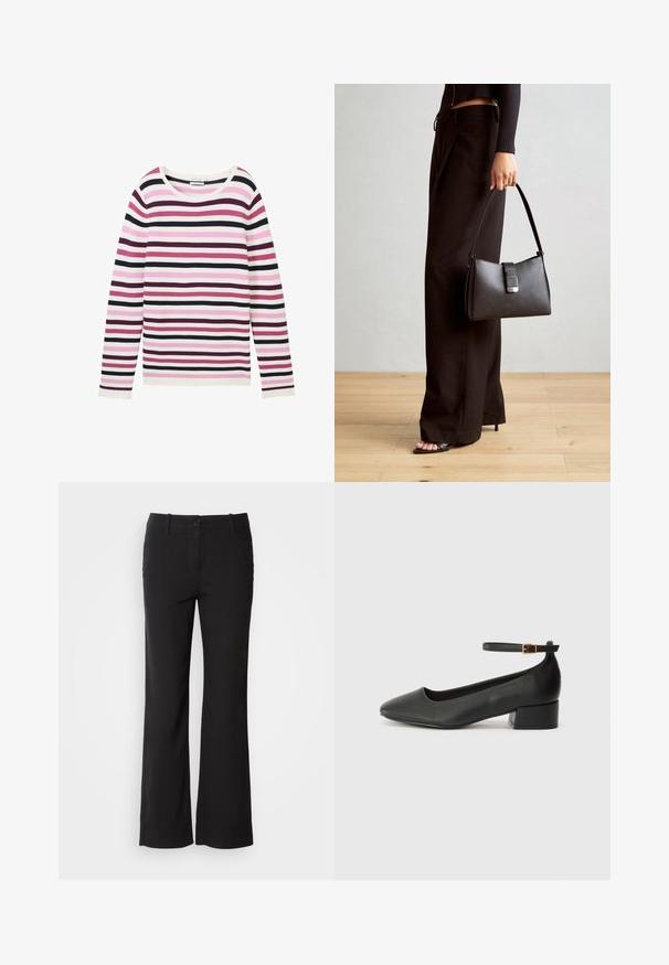 Langarm gestreifter Oberteil in Pink, Weiß und Dunkellila. Verfügt über eine gerippte Textur und einen weiten, runden Ausschnitt.; Schwarze Baumwollmischungshose mit geradem Bein, vorderem Knopfverschluss und zwei Seitentaschen. Glatte Textur, keine sichtbaren Muster.; Schwarze Lederpumps mit spitzem Zehenbereich und niedrigem Blockabsatz. Mit einem Knöchelriemen und einer goldfarbenen Schnalle. Glatte Textur.; Schwarze Handtasche mit strukturierter Form, glatter Textur und einem metallischen Verschluss. Kombiniert mit weiten schwarzen Hosen und offenen Sandalen auf einem Holzboden.
