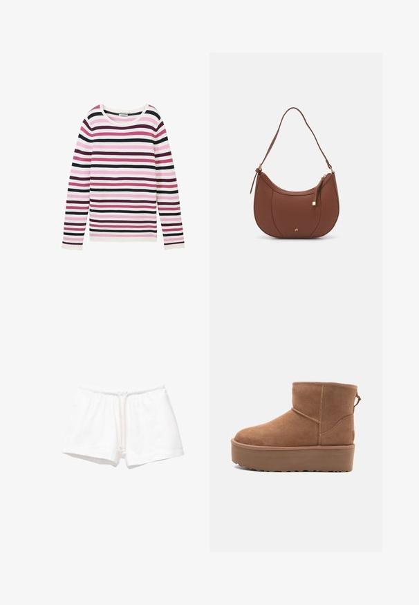 Długi rękaw w passatowym wzorze w kolorze różowym, białym i ciemnofioletowym. Posiada strukturalny, żebrowany materiał oraz szeroki, okrągły dekolt.; Białe bawełniane szorty z elastycznym pasem i sznurkiem, o gładkiej fakturze, bez wzorów czy dodatkowych akcentów.; Beżowe zamszowe botki za kostkę z platformą, zaokrąglonym noskiem i akcentami w postaci przeszyć; posiadają pętelkę z tyłu dla ułatwienia zakładania.; Brązowa torebka na ramię z eko-skóry o zaokrąglonym kształcie, z minimalnym przeszyciem i złotym akcentem na okuciach. Posiada zamek błyskawiczny u góry oraz regulowany pasek.