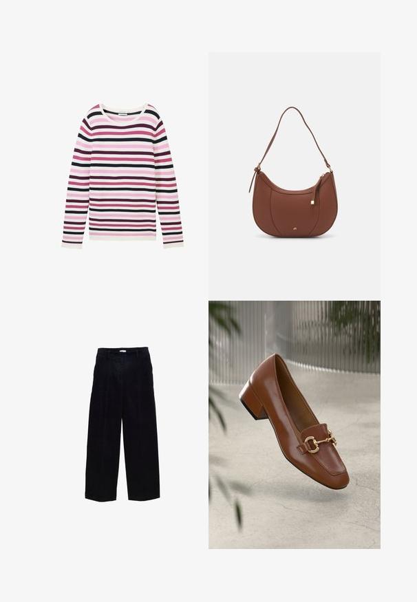 Kraftovaný pruhovaný svetr s dlouhým rukávem v růžové, bílé a tmavě fialové barvě. Má ribbovanou texturu a široký, kulatý výstřih.; Námořnické modré manšestrové kalhoty s širokými nohavicemi a rovný střih, s předními záhyby a jemnou strukturou. Obsahují poutek na opasek a kovový zip.; Hnědé lakované kožené mokasíny se čtveratou špičkou, kovovým řetízkovým akcentem a nízkým blokovým podpatkem; hladká textura, minimalistický design.; Hnědá kabelka přes rameno z umělé kůže s zakřiveným tvarem, minimálním prošíváním a zlatým kovovým akcentem. Disponuje vrchním zipovým uzavíráním a nastavitelným popruhem.