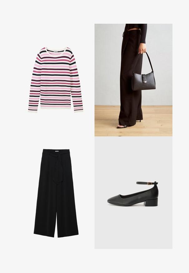 Długi rękaw w passatowym wzorze w kolorze różowym, białym i ciemnofioletowym. Posiada strukturalny, żebrowany materiał oraz szeroki, okrągły dekolt.; Czarne spodnie szerokie z teksturowanej tkaniny, z elastycznym paskiem w talii i odpinanym paskiem w talii dla regulowanego dopasowania.; Czarne skórzane szpilki z ostrym noskiem i niskim słupkowym obcasem. Wyposażone w pasek na kostkę z złotym zapięciem. Gładka tekstura.; Czarna torebka o usztywnionym kształcie, gładkiej fakturze i metalowym zapięciem. Połączona z szerokimi czarnymi spodniami i sandałami na otwartym palcu na drewnianej podłodze.