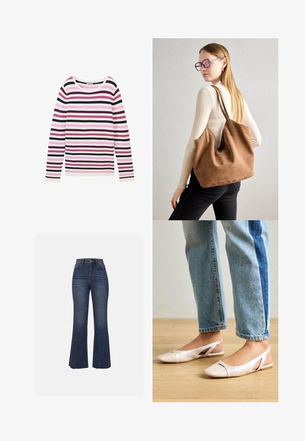 Long-sleeve striped top in pink, white, and dark purple. Features a ribbed texture and a wide, round neckline.; Anna Field Flared Jeans - blue wash; Pale pink slingback flats with a pointed toe, made from a smooth leather-like material. Features cut-out details at the sides and a flat heel.; Brown suede tote bag with soft texture, large opening, and long straps. Features a simple design with visible stitching and no hardware.