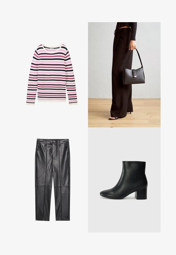 Top cu mânecă lungă, în dungi, de culoare roz, alb și mov închis. Are o textură ribbată și un guler larg, rotund.; Pantaloni din piele neagră cu o textură netedă, având o croială dreaptă, două buzunare frontale și detalii vizibile ale cusăturilor.; Cizme negre din piele până la gleznă, cu vârf ascuțit și toc robust. Textură netedă, cu accente minime și un design elegant, ajustat.; Genți negre cu o formă structurată, textură netedă și un închizător metalic. Asortată cu pantaloni negri largi și sandale cu vârf deschis pe un podea din lemn.