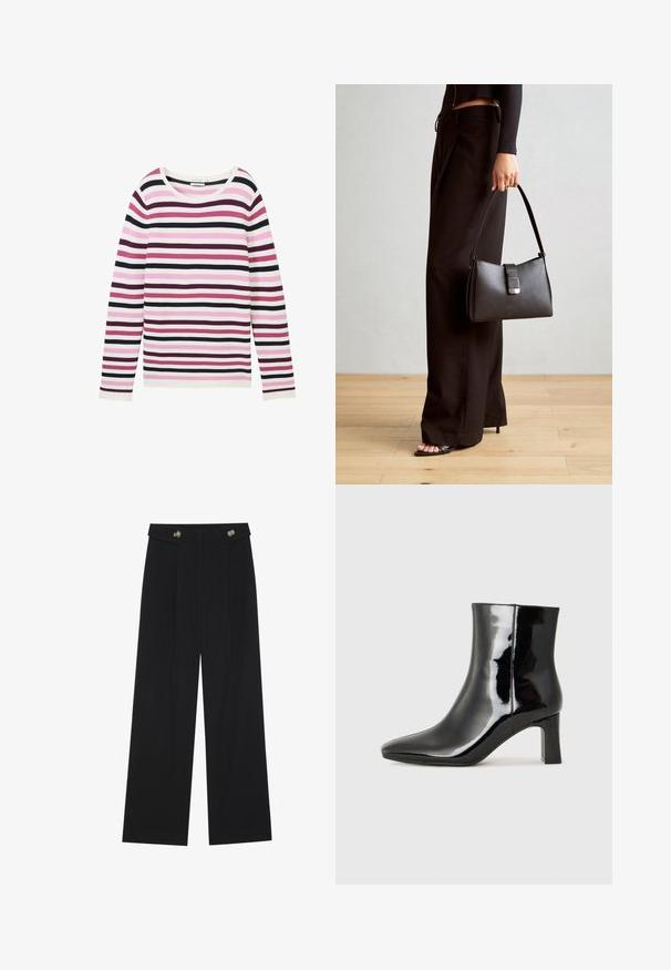 Pitkähihaiset raidalliset paita vaaleanpunaisena, valkoisena ja tummana purppurana. Ominaisuuksiin kuuluu ribbitettu pinta ja leveä, pyöreä kaula-aukko.; Mustat leveälahkeiset housut, joissa on korkea vyötärö, napit vyötärönauhassa ja etupuolella laskokset.; Musta patenttilakattu nilkkuri, jossa on terävä kärki ja keskipitkä lohkarekorko. Silkkinen pinta ja minimalistinen muotoilu.; Musta käsilaukku, jossa on rakenteellinen muoto, sileä pinta ja metallinen solki. Yhdistetty leveisiin mustiin housuihin ja avonaiheisiin sandaaleihin puulattialla.
