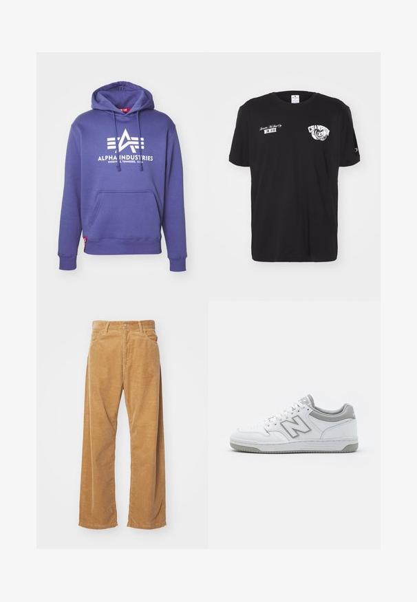 Fialová mikina vyrobená z bavlněné směsi, s přední kapsou, kapucí se stažením a bílým návrhem loga se stylizovanou hvězdou a textem.; Černé bavlněné tričko s krátkým rukávem a kulatým výstřihem, s bílým logem a nápisy "Champion" na přední straně a rukávu.; Bavlněné široké kalhoty z kordu v odstínu tan. Mají texturované, vertikální pruhy, standardní pas a dvě přední kapsy.; Bílé kožené tenisky s šedými akcenty, vybavené perforovanou špičkou, plochými tkaničkami a vzorovanou podrážkou. Logo New Balance na boku.