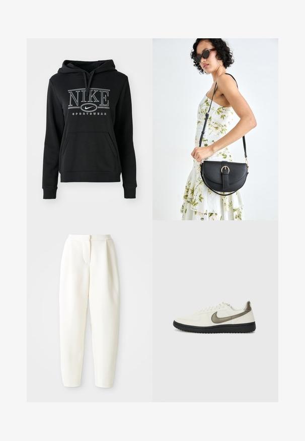 Svart Nike hettegenser med snorhette, frontlomme i kenguru-stil og sterk hvit logo med teksten "SPORTSWEAR". Myk stofftekstur.; Høytlivede, smale hvite bukser med skjult frontlukking og sidelommer, vist mot en ensfarget hvit bakgrunn.; Nike Sportswear FIELD GENERAL - Joggesko - off-white/black; Svart lærveske med en buet form, avtagbar stropp og gullbeslag. Vesken har et klaff med spenne-detall.
