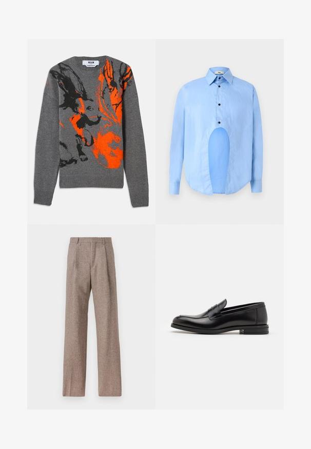 Maglione grigio lavorato a maglia con un design astratto in contrasto arancione e nero. Collo rotondo e polsini e orlo a coste. Texture morbida.; Camicia azzurro chiaro a maniche lunghe con colletto a punta, bottoni neri e un taglio unico nella parte anteriore per un design distintivo.; Pantaloni marroni a vita alta realizzati in tessuto testurizzato. Presentano gambe ampie e due pieghe frontali per struttura. Rifinitura curata senza hardware visibile.; Mocassini neri in pelle con una texture liscia, punta arrotondata e una striscia decorativa sulla tomaia. Tacco basso impilato, design minimalista.