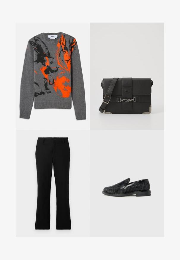 Gray knitted sweater featuring a contrasting orange and black abstract design. Round neckline and ribbed cuffs and hem. Soft texture.; Black flared trousers made of cotton blend fabric, featuring a button closure, belt loops, and a smooth texture with no visible patterns.; Black woven slip-on shoe with a smooth leather accent on the upper, a round toe design, and a low-profile rubber sole.; Black leather messenger bag with a textured finish, metal hardware accents, adjustable strap, and a flap closure featuring buckle details.