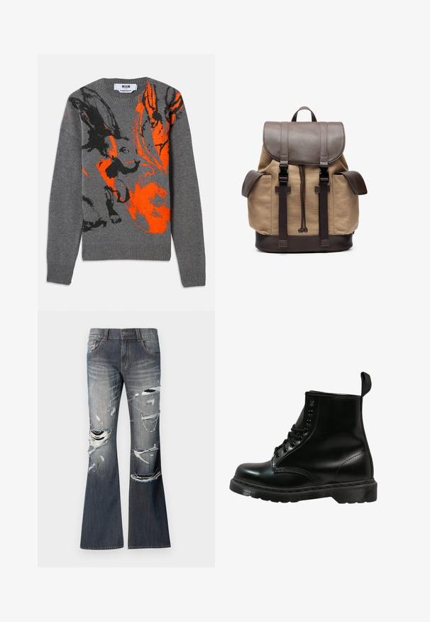 Sivý pletený sveter so kontrastným oranžovým a čiernym abstraktným vzorom. Okrúhly výstrih a pružné manžety a spodný lem. Mäkká textúra.; Rozšírené džínsy tmavomodrej denimovej farby so roztrhnutým a opotrebovaným vzhľadom v prednej časti. Obsahujú päť vreciek a zapínanie na gombík.; Čierna kožená čižma s okrúhlou špičkou, šnurovací dizajn, šesť očiek a textúrovaná gumová podrážka. Obsahuje pútko na zadnej strane.; Plátený batoh v béžovej farbe s hnedými koženými akcentmi. Obsahuje horný klapku, nastaviteľné ramenné popruhy a dve bočné vrecká. Obdĺžnikový tvar, pevná konštrukcia.