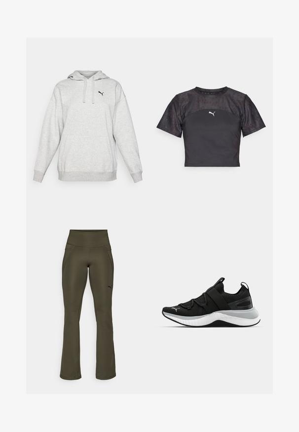 Grå fleece hoodie med en kengurulomme, justerbar snøre i hætten og et lille sort logo på brystet. Løs pasform med lange ærmer.; Sort cropped t-shirt med korte ærmer, der har et strømlinet design, en struktureret blondepanel og et hvidt Puma-logo på forsiden.; Oliven grønne træningsbukser med høj talje, glat tekstur, flagrende ben og et subtilt logo på venstre side. Med to sidelommer.; Sort atletiksko med en struktureret overdel, elastiske stropper og en tyk hvid mellemsål. Har en grå accent langs sålen.