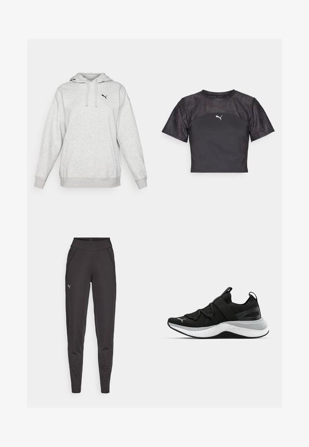 Gray fleece hoodie with a kangaroo pocket, adjustable drawstring hood, and a small black logo on the chest. Relaxed fit with long sleeves.; Black cropped t-shirt with short sleeves, featuring a sleek design, textured lace panel, and a white Puma logo on the front.; Black athletic leggings made of stretchy fabric, featuring a high waistband, side pockets, and a small reflective logo on the left thigh.; Black athletic shoe with a textured upper, elastic straps, and a thick white midsole. Features a grey accent along the sole.