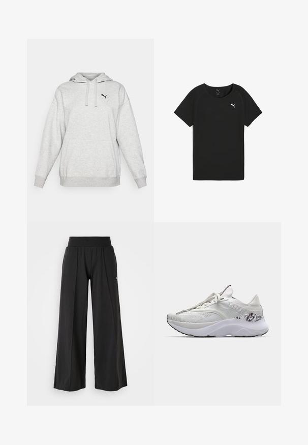 Szürke fleece kapucnis pulóver, kenguruzsebes, állítható húzózsinórral a kapucnin, és egy apró fekete logóval a mellkason. Lazább szabású, hosszú ujjú.; Fekete, rövidujjú póló könnyű anyagból, kör alakú nyakkivágással és fehér Puma logóval a mellkasán.; Fekete, bő szárú nadrág texturált anyagból, elasztikus derékkal és PUMA logóval. Egyszerű dizájn, laza szabással.; Fehér sportcipő, textúrált felsőrésszel, kerek orral és párnázott talppal. Jellemzője egy mintázott dísz a sarok közelében és lapos fűzők.