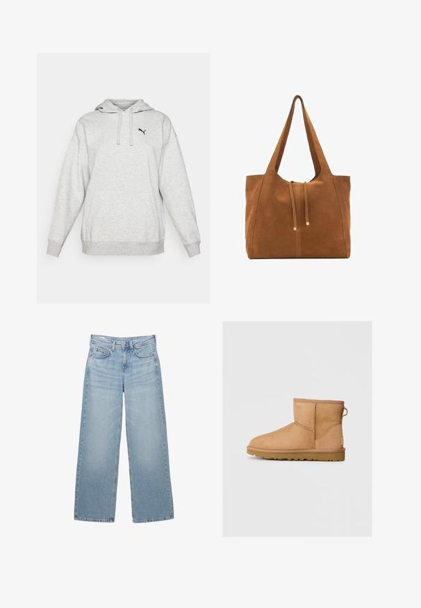 Grå fleece hoodie med en kengurulomme, justerbar snøre i hætten og et lille sort logo på brystet. Løs pasform med lange ærmer.; Hvid t-shirt i bomuld med korte ærmer, rund halsudskæring og løs pasform. Materialet virker glat uden synlige mønstre eller grafik.; Lyseblå denim bukser med vide ben og høj talje, fem lommer og diskret slid, med en metalknap og bæltestropper.; Brune suede ankelstøvle med rund tå, stikninger, en pull tab bagpå og en tekstureret gummisål. Designet til komfort og varme.; Brun ruskinds-tote med to lange stropper, snørelukning og minimalistisk design. Glat tekstur og ingen synlige hardware-detaljer.