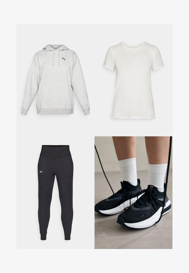 Hanorac gri din fleece cu buzunar tip kangaroo, glugă cu șnur ajustabil și un mic logo negru pe piept. Croială lejeră cu mâneci lungi.; Tricou alb cu mânecă scurtă, confecționat dintr-un material moale, având un guler rotund și o croială lejeră, cu accente pentru umeri netede și fără cusături.; Leggings negre atletice realizate dintr-un material elastic, cu talie înaltă, buzunare pe lateral și manșete ajustate la gleznă.; Căști atletice negre cu țesătură texturată, talpă albă și șireturi negre. Purtați cu șosete albe cu riflaje, stând pe o suprafață deschisă.