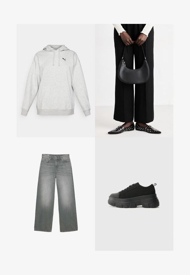 Grauer Fleece-Hoodie mit einer Kängurutasche, verstellbarem Kordelzug an der Kapuze und einem kleinen schwarzen Logo auf der Brust. Lässiger Schnitt mit langen Ärmeln.; Weit geschnittene graue Denim-Jeans mit leicht abgeriebenem Design, Fünf-Taschen-Design und klassischem Knopf- und Reißverschluss.; Schwarze Sneakers mit einer dicken Gummisohle, strukturiertem Obermaterial, runder Zehenpartie und Schnürdesign. Verfügt über verstärkte Ösen und eine Schlaufe an der Rückseite.; Schwarze Leder-Schultertasche mit runder Form, glänzender Oberfläche und silbernem Beschlag. Person trägt schwarze weit geschnittene Hosen und Nieten-Loafers.