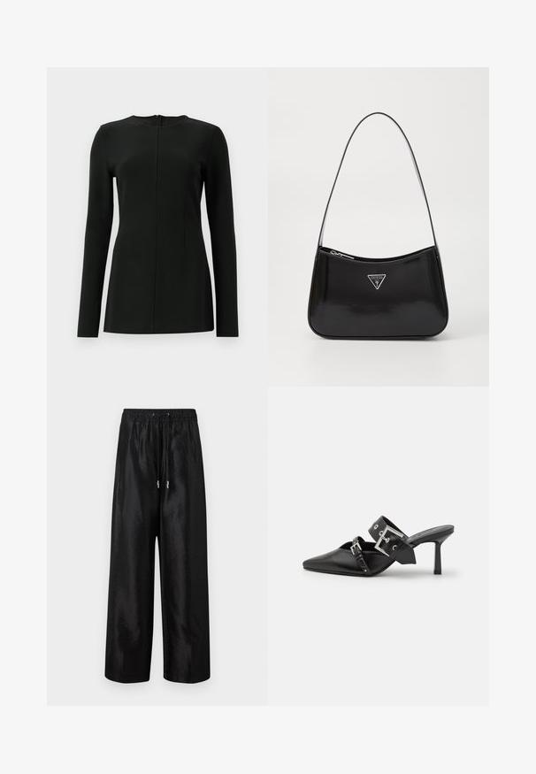Mustapaita pitkähihaisella, korkealla kauluksella, etupuolen sauman yksityiskohdalla ja takana vetoketj closure. Valmistettu sileästä, joustavasta kankaasta.; Musta leveälahkeinen housut, jotka on valmistettu kiiltävästä kankaasta, jossa on joustava vyötärö ja naru, sekä hopeiset yksityiskohdat.; Musta korkeakorkoiset mokkasiinit, joissa on terävä kärki ja sileä nahka. Varustettu leveällä nilkkahihnalla, jossa on neliönmuotoinen hopea solki ja niittejä.; Mustan lakatun nahka olkalaukku kaarevalla muodolla, jossa on hopeinen kolmion logo ja vetoketjusuljenta. Tasainen pinta ja kapea hihna.