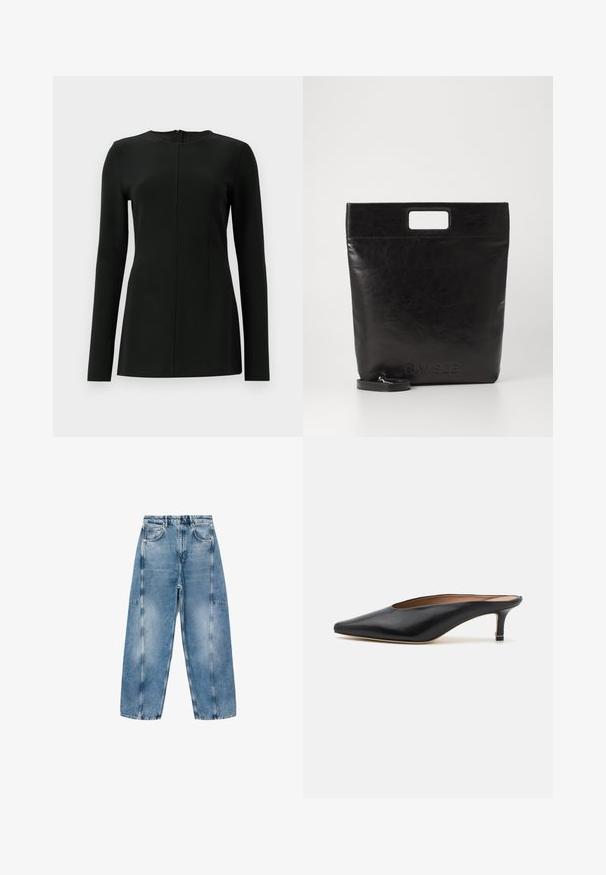 Zwarte langetekst top met een hoge halslijn, een naaddetail aan de voorkant en een ritssluiting aan de achterkant. Gemaakt van een gladde, rekbare stof.; Lichtblauwe denim jeans hebben een relaxte pasvorm, grote zakken en contrasterende stiksels. De stof heeft een vervaagde afwerking met een soepele textuur.; Zwarte leren muiltjes met een puntige neus en een lage, blokhak. Glad oppervlak met een gestroomlijnd ontwerp. Open achterkant met minimale details.; Zwarte leren draagtas met een vierkant handvat, met een gestructureerde afwerking en een reliëflogo. Inclusief een afneembare schouderband.